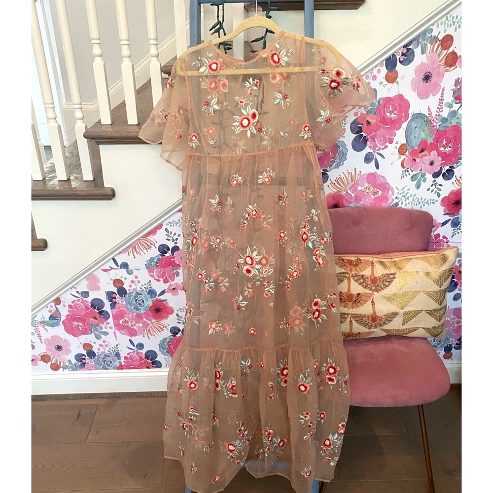 Free People Floral Embroidered Maxi Dress - Tan and Red